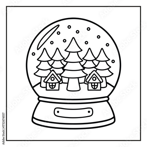 Snow Globe Illustration: A captivating black and white illustration of a snow globe, featuring miniature pine trees and houses, evoking a sense of winter wonder.