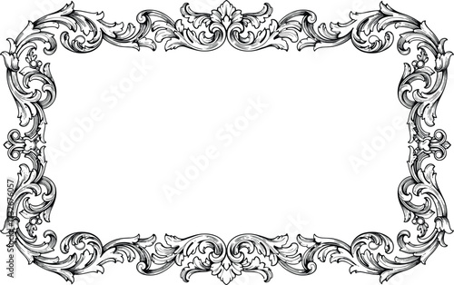 Vintage rectangular ornate frame illustration, baroque decorative border design, antique scroll engraving ornament, elegant floral vector template, classic invitation artwork
