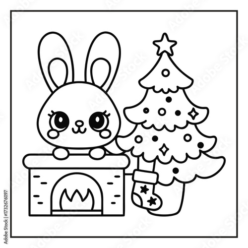 Kawaii Christmas coloring page with cute Santa and reindeer, Hand-drawn kawaii Christmas scene black and white coloring page, Adorable kawaii Christmas tree and gifts coloring sheet