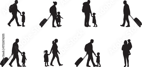 Family silhouettes with children, travel and caregiving theme, rolling luggage, walking poses, parenting bond, minimal art, lifestyle motion, connection
