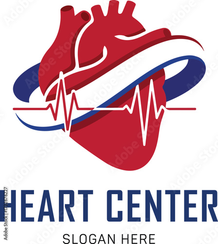 Anatomical heart center logo with heartbeat pulse and swoosh, cardiology medical clinic and healthcare vector icon.