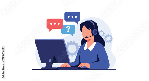 A customer support representative is working on their computer in an office setting.
