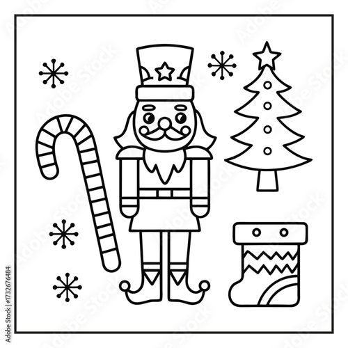 Kawaii Christmas coloring page with cute Santa and reindeer, Hand-drawn kawaii Christmas scene black and white coloring page, Adorable kawaii Christmas tree and gifts coloring sheet