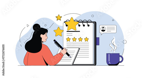 A person is writing a review and rating it with stars.