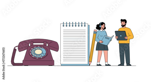 A vintage rotary telephone sits next to a notepad and two people.