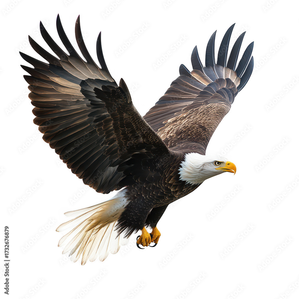 Fototapeta premium A majestic bald eagle soaring gracefully through a clear blue sky. its powerful wings and keen gaze. symbolizing freedom and strength in nature