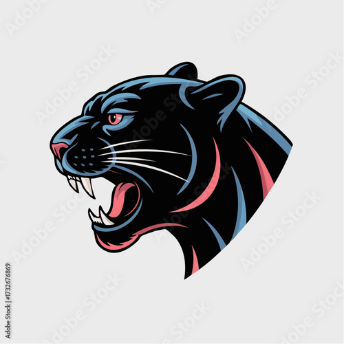 Fierce black panther head with red eyes roaring aggressively, a powerful mascot design in a clean vector illustration style