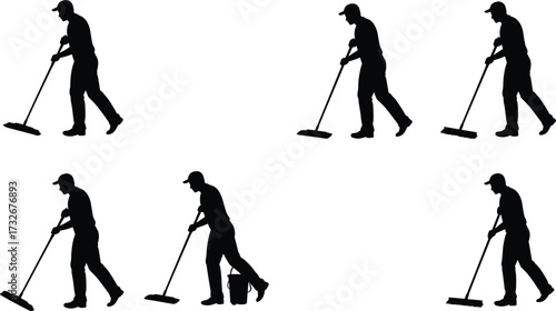 Cleaning silhouette, mop action, janitor pose, sanitation work, hygiene concept, floor maintenance, bucket tool, chore sequence, worker motion, cleanliness theme