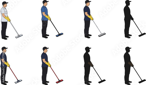 Cleaning worker illustration, mop action, uniform styles, silhouette progression, janitor pose, color stages, chore concept, animation frames, design sequence, hygiene theme