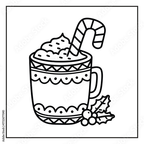 Kawaii Christmas coloring page with cute Santa and reindeer, Hand-drawn kawaii Christmas scene black and white coloring page, Adorable kawaii Christmas tree and gifts coloring sheet