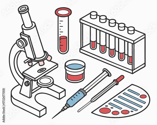 Vector set of laboratory equipment and medical icons illustrating science, health, and chemistry with test tubes, syringes, and bottles