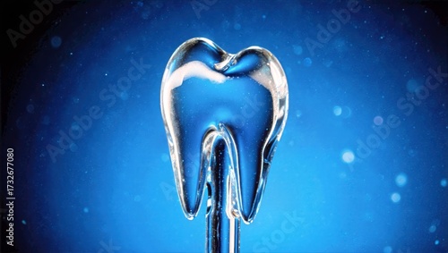 Transparent Glass Tooth Model on Vibrant Blue Gradient with Dreamy Bokeh, Dental Health Concept Background