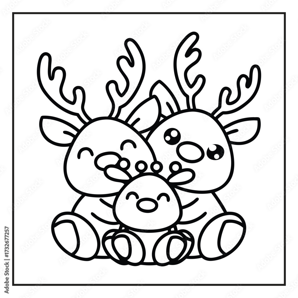 Obraz premium Whimsical Reindeer Family: A heartwarming monochrome illustration of a charming reindeer family, perfect for coloring or adding a touch of festive joy.