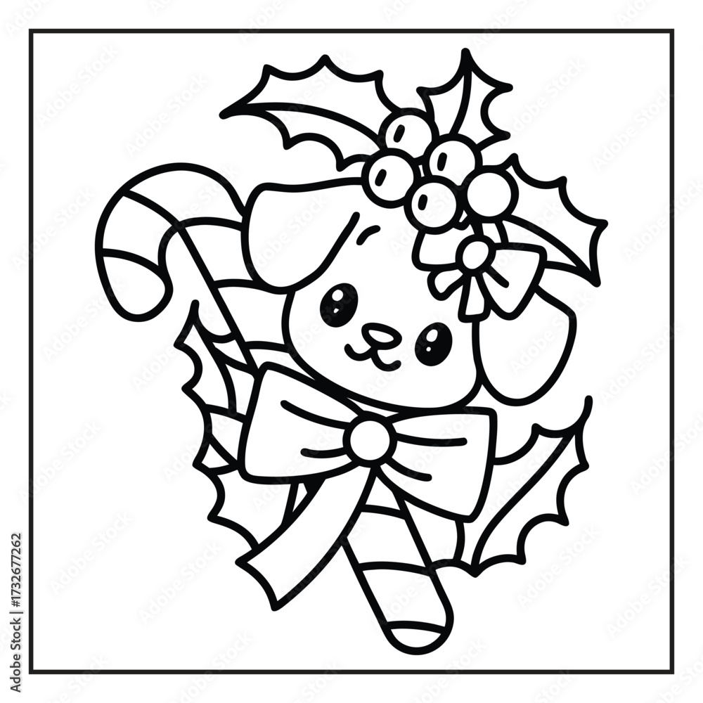 custom made wallpaper toronto digitalFestive puppy Illustration with Holiday Elements: This heartwarming illustration captures a charming puppy framed by seasonal holly, a ribbon, and a candy cane.