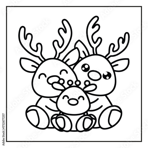 Whimsical Reindeer Family: A heartwarming monochrome illustration of a charming reindeer family, perfect for coloring or adding a touch of festive joy.