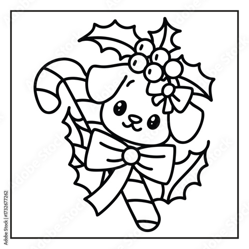Festive puppy Illustration with Holiday Elements: This heartwarming illustration captures a charming puppy framed by seasonal holly, a ribbon, and a candy cane.