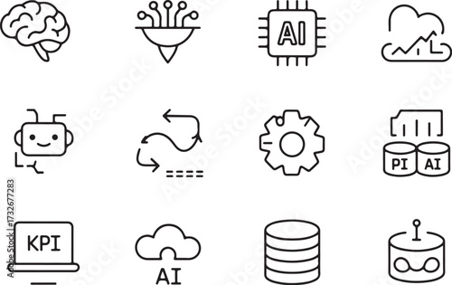 Artificial intelligence and data processing icons brain