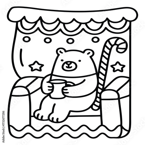 Cozy Winter Bear Illustration: A charming illustration depicts a bear seated in a festive chair, sipping from a mug and enveloped in the warmth of the season.