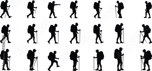 Hiker silhouette icons grid, backpack and pole poses, walking and standing stances, black contour, white background, minimal style, outdoor motion