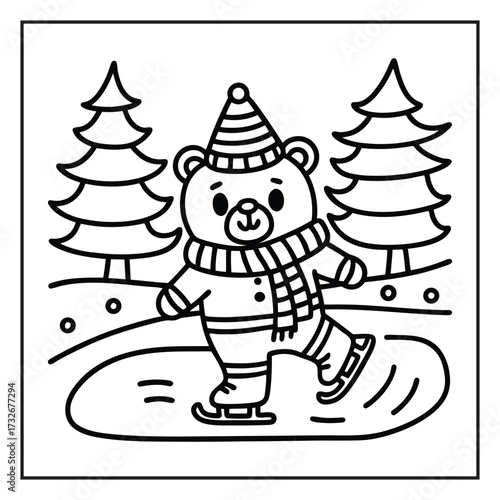 Joyful Ice Skating Bear: A delightful illustration of a charming bear, bundled in winter attire, gliding across an ice rink with the backdrop of snow-covered pine trees.