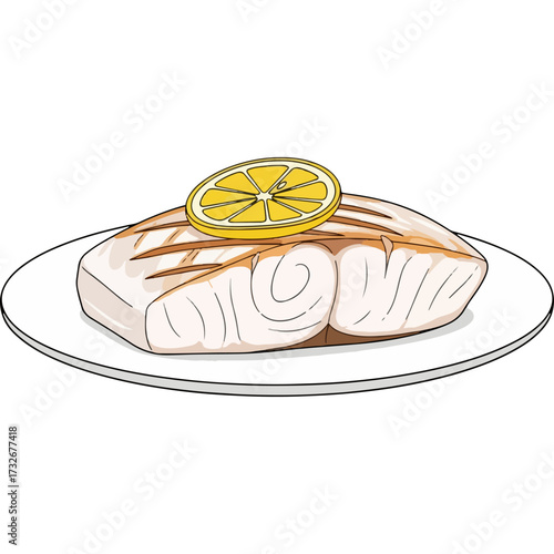A healthy dish of grilled white fish, which is an excellent source of protein and omega-3. This minimalist artwork is ideal for nutrition blogs, fitness websites, and health articles.