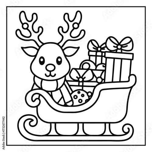 christmas reindeer with gifts Christmas Coloring Page Line Art