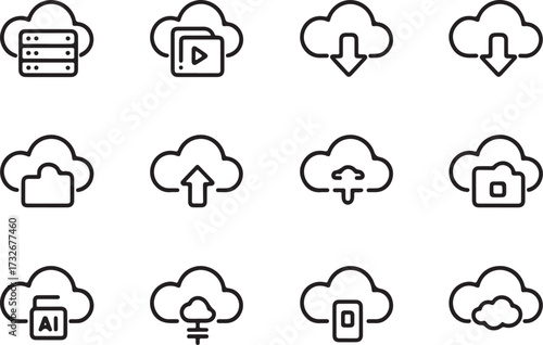 Cloud computing icons with server video camera A I and download upload