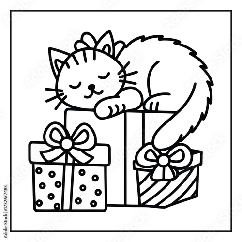 cat and gift box Christmas Coloring Page Line Art