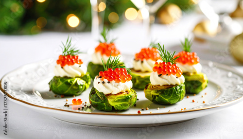 Brussel sprouts and caviar canapés with crème fraîche. AI