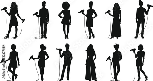 Hair dryer silhouette, fashion pose, hairstyle variety, beauty concept, salon model, personal style, black figure, grooming theme, hair care, expression