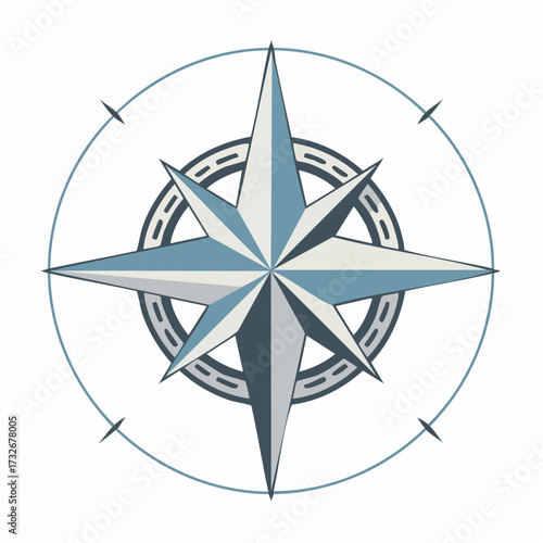 Classic compass rose symbol for navigation, travel, and exploration, representing guidance and direction in a modern vector illustration