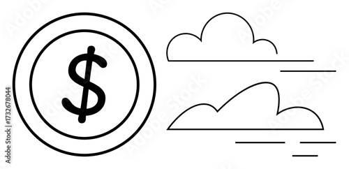 Large dollar coin beside minimalist clouds with motion lines illustrating quick monetary movement. Ideal for finance, economy, banking, investment, digital currency, startup, success concepts simple