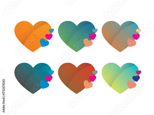 Collection of colorful heart icons isolated on white background, symbolizing love, affection, and care, perfect for valentines day and expressing emotions