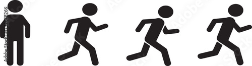 Silhouettes of human motion, standing to running, movement sequence, walking posture, jogging figure, dynamic action, white background, minimal design