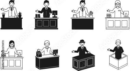 Office desk illustration, professional pose, customer service, business attire, workplace setup, welcoming gesture, reception role, black figure, admin task, diversity