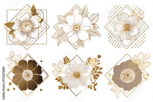 Collection of six elegant floral rhombus designs with gold accents