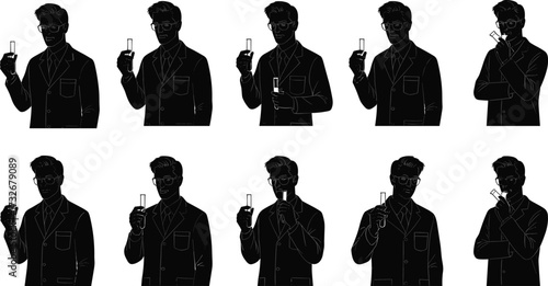 Scientist illustration sequence, lab coat, safety goggles, test tube reaction, chemical experiment, observation, fumes, black and white, science steps, educational theme