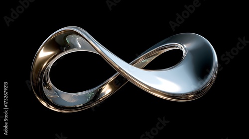 Abstract metallic infinity symbol with a reflective surface on a black background