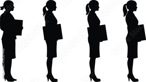 Silhouette businesswoman standing, holding folder, black figure, professional attire, skirt, heels, ponytail, corporate posture, document, office theme, minimal style