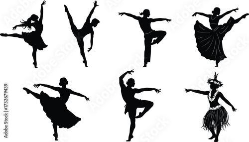 Silhouette dancers in motion, ballet, flamenco, Polynesian, expressive poses, black figures, cultural dance styles, graceful movement, traditional costumes, artistic illustration