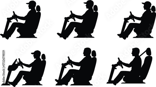 Silhouette driver seated, car seat posture, steering wheel grip, ergonomic position, black figure, cap, driving pose, safety theme, minimal style