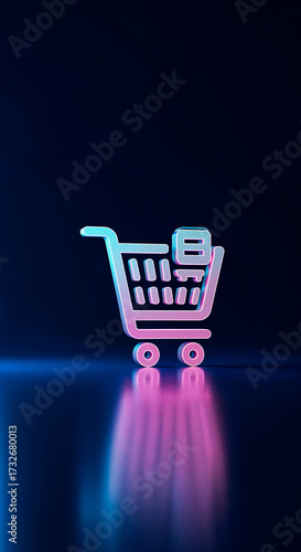 photography with natural textures and highly realistic light, editorial, Cinematic animation of a glowing shopping cart icon