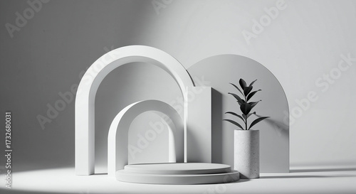 Cinematic advertising scene, minimal set design with geometric shapes, spotlight on a product pedestal, clean black background, soft