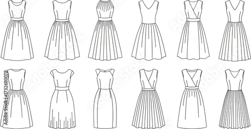 Collection of twelve sleeveless dress designs with varied necklines, waistlines, and skirt styles, ideal for fashion illustration and design