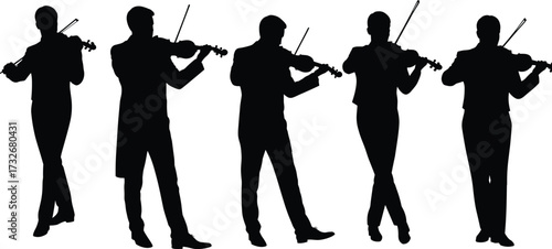 Silhouettes of violinists in formal attire, classical music ensemble, synchronized posture, artistic black and white performance, elegant orchestral harmony