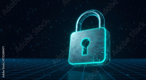 Glowing digital padlock with circuit board patterns on a dark background representing cybersecurity and data protection.