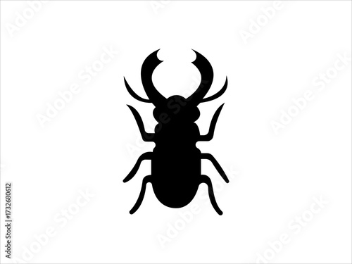 Stunning black beetle silhouette with large horns on white background
