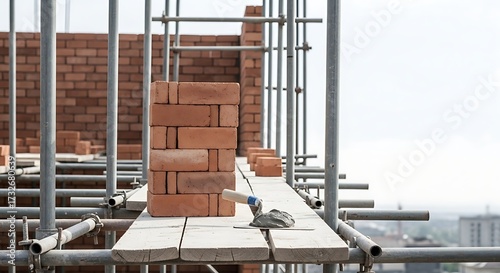 Close-up of a brick wall under construction with scaffolding, showing bricks, mortar, and a trowel on a wooden platform.