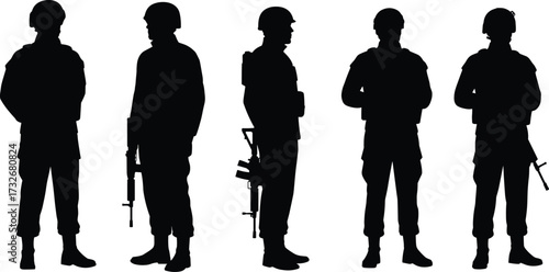 Soldier silhouette, military stance, armed forces, rifle pose, helmet uniform, defense concept, war readiness, troop formation, security theme, discipline