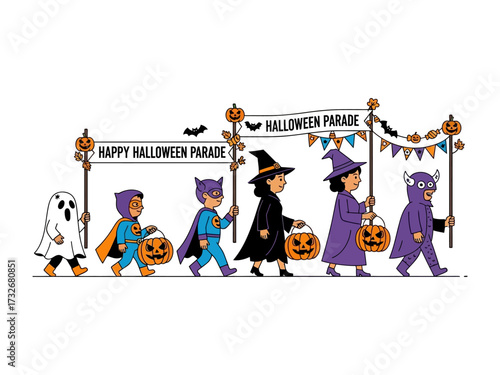Halloween Parade: Children in costumes march in a vibrant Halloween parade, carrying Jack-o'-Lanterns, banners, and filled with the spirit of the festive day.